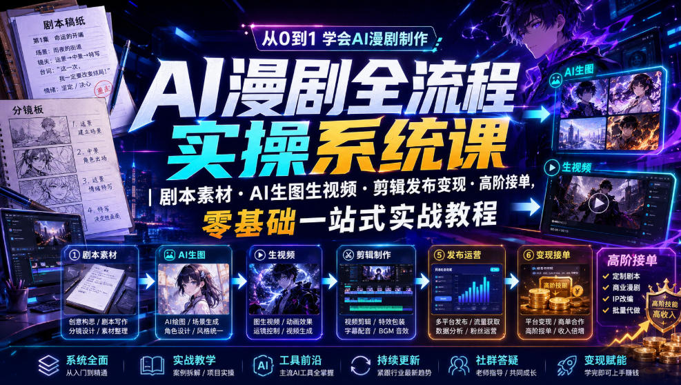 AI漫剧全流程实操系统课|剧本素材・AI生图生视频・剪辑发布变现・高阶接单,零基础一站式实战教程(更新1027)