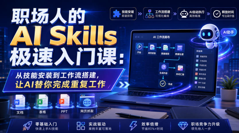 职场人的AI Skills极速入门课：从技能安装到工作流搭建，让AI替你完成重复工作|一人科技OPC聚合软件