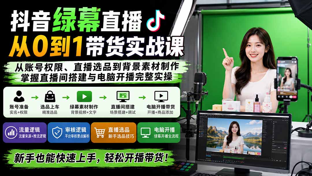 抖音绿幕直播从0到1带货实战课：从账号权限、直播选品到背景素材制作，掌握直播间搭建与电脑开播完整实操|一人科技OPC聚合软件