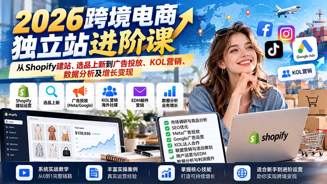 2026跨境电商独立站进阶课：从Shopify建站、选品上新到广告投放、KOL营销、数据分析及增长变现|一人科技OPC聚合软件