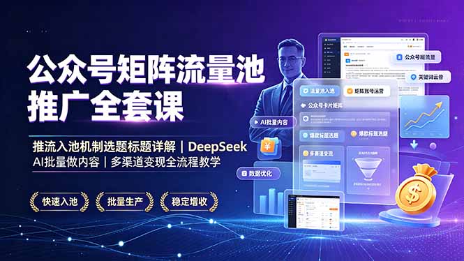 公众号矩阵流量池推广全套课，推流入池机制选题标题详解，DeepSeek AI批量做内容，多渠道变现全流程教学|一人科技OPC聚合软件