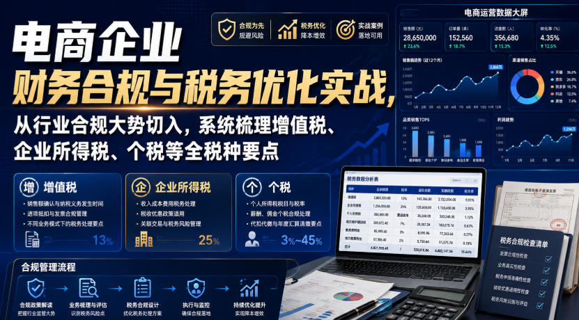 电商企业财务合规与税务优化实战，从行业合规大势切入，系统梳理增值税、企业所得税、个税等全税种要点|一人科技OPC聚合软件