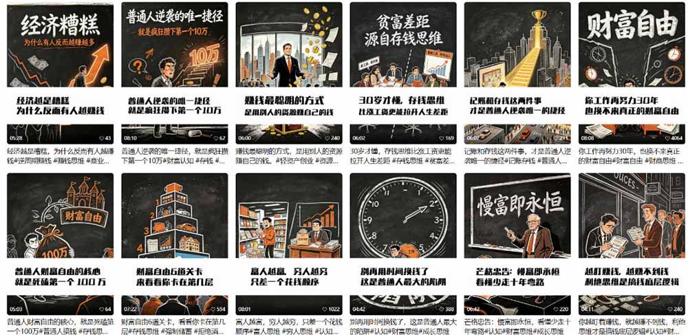 AI书单财富书籍图文解读：手绘黑白风格×一键直出×几十条视频跑1000单×全流程拆解×新手可上手|一人科技OPC聚合软件