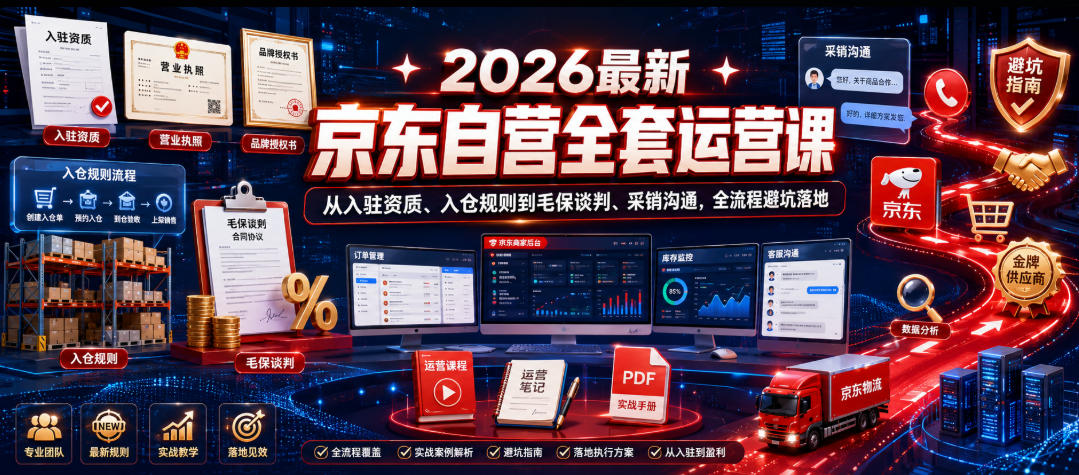 2026最新京东自营全套运营课，从入驻资质、入仓规则到毛保谈判、采销沟通，全流程避坑落地|一人科技公司导航