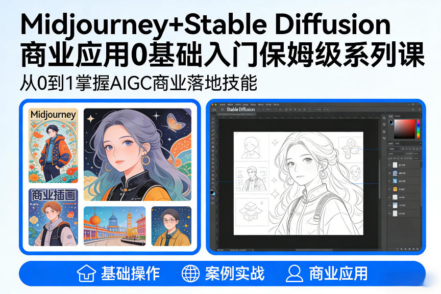 AIGC商业应用Midjourney+Stable Diffusion教程，0基础入门保姆级系列课|协议软件打粉软件