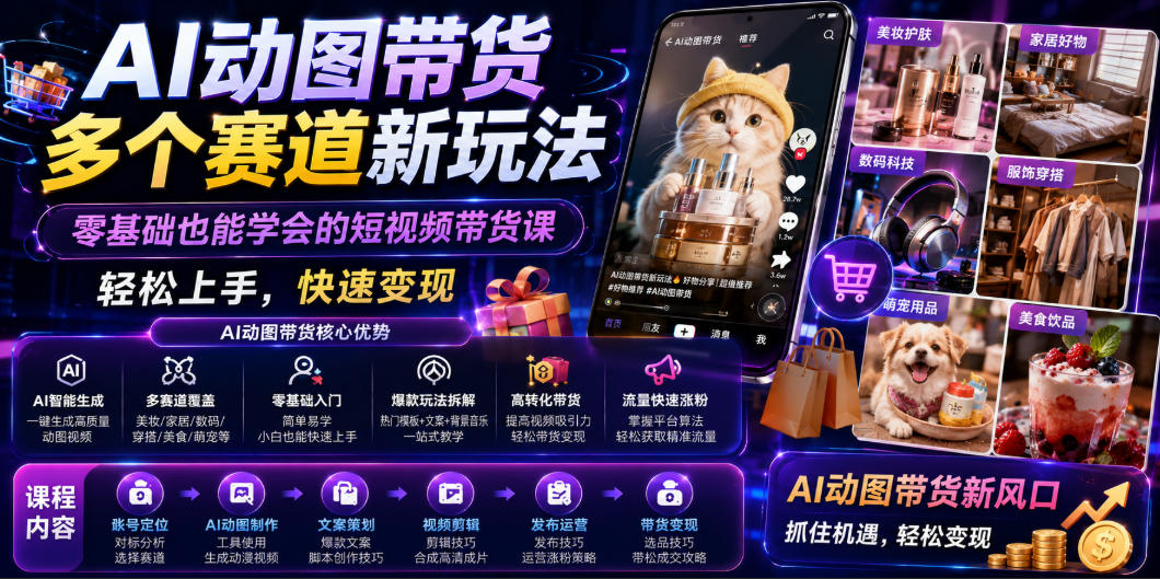 AI动图带货多个赛道新玩法，零基础也能学会的短视频带货课，轻松上手，快速变现|一人科技OPC聚合软件