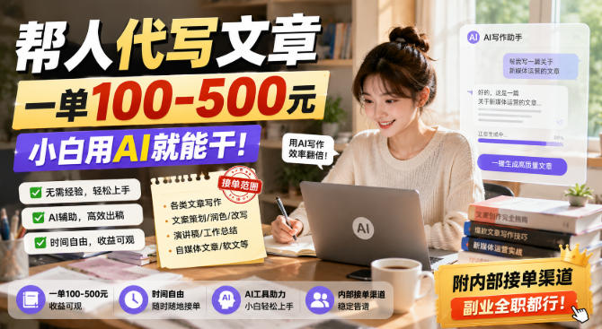 帮人代写文章，一单100-500，小白用AI就能干，附内部接单渠道，副业全职都行【揭秘】|一人科技OPC聚合软件