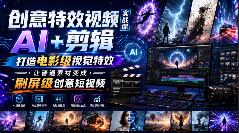 创意特效视频实战课，AI+剪辑打造电影级视觉特效，让普通素材变成刷屏级创意短视频|一人科技OPC聚合软件