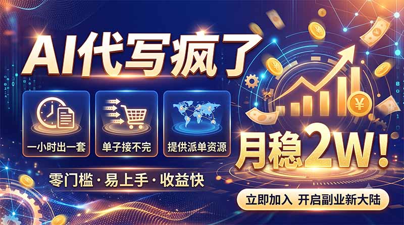2026捡钱副业：AI写稿一单5张，免费派单群，0门槛直接干|一人科技OPC聚合软件
