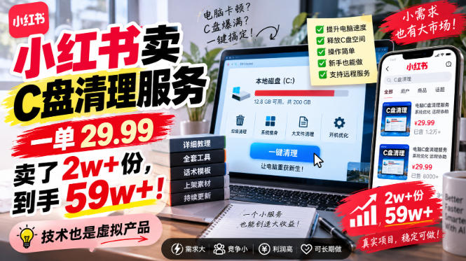 小红书卖C盘清理服务，一单29.99，卖了2w+份，技术也是虚拟产品|一人科技OPC聚合软件