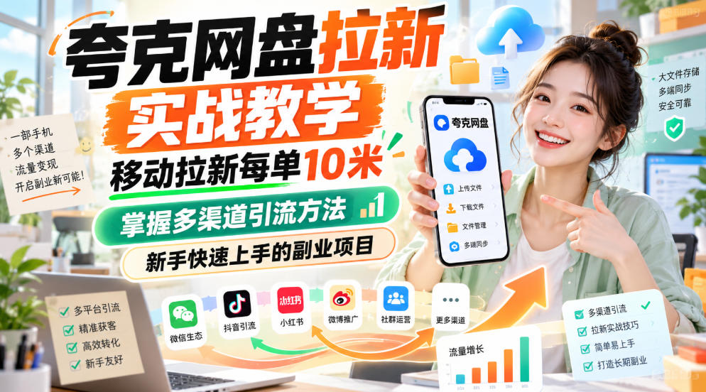 夸克网盘拉新实战教学，移动拉新每单10米，掌握多渠道引流方法，新手快速上手的副业项目(更新0929)|一人科技OPC聚合软件