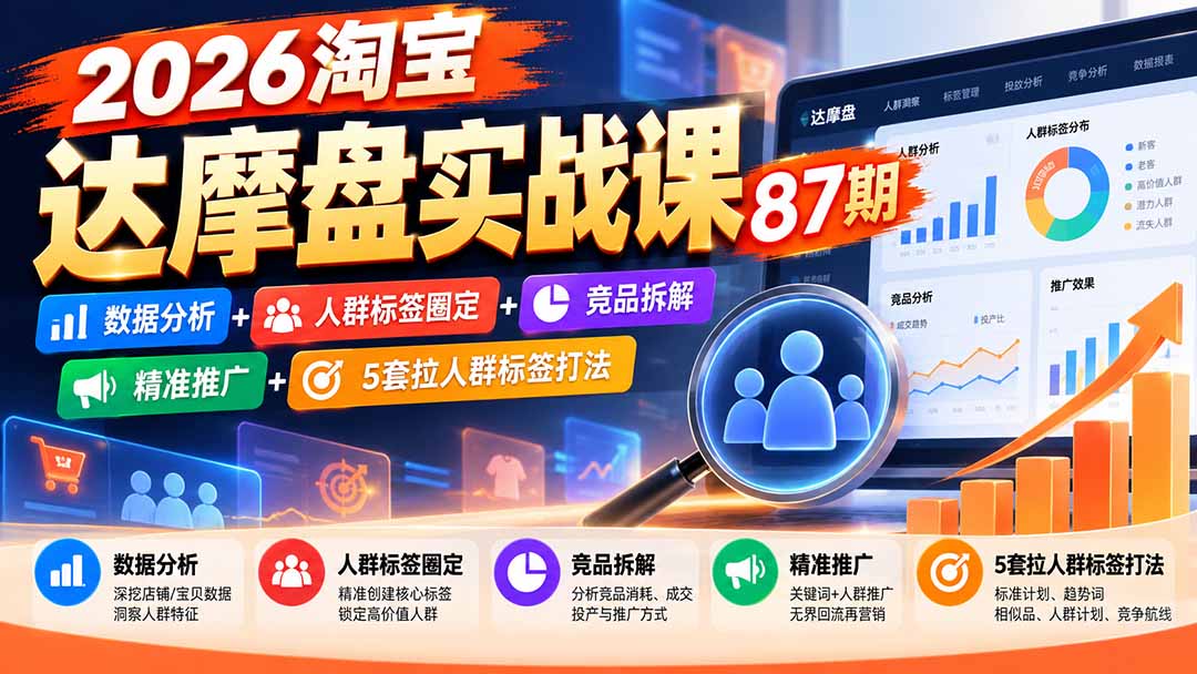 2026淘宝达摩盘实战课87期：数据分析+人群标签圈定+竞品拆解+精准推广+5套拉人群标签打法|一人科技OPC聚合软件
