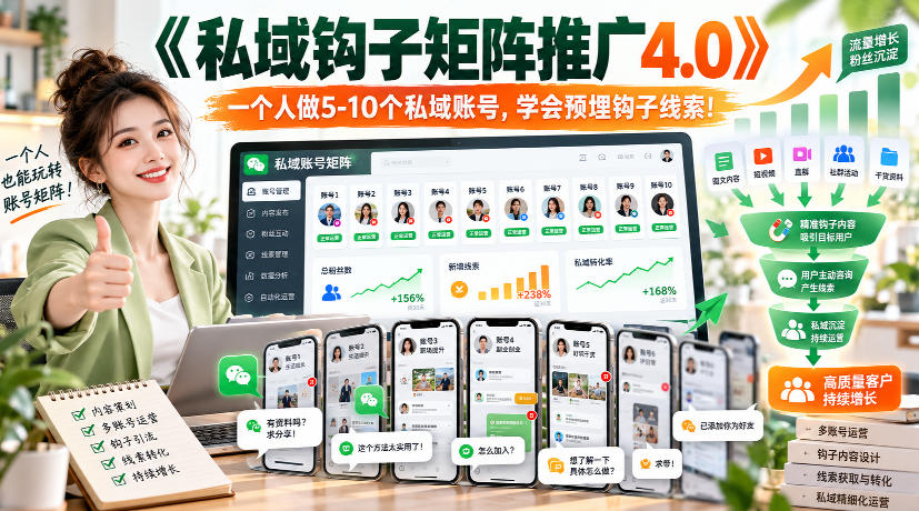 【无水印】《私域钩子矩阵推广4.0》一个人做5-10个私域账号，学会预埋钩子线索！|一人科技OPC聚合软件
