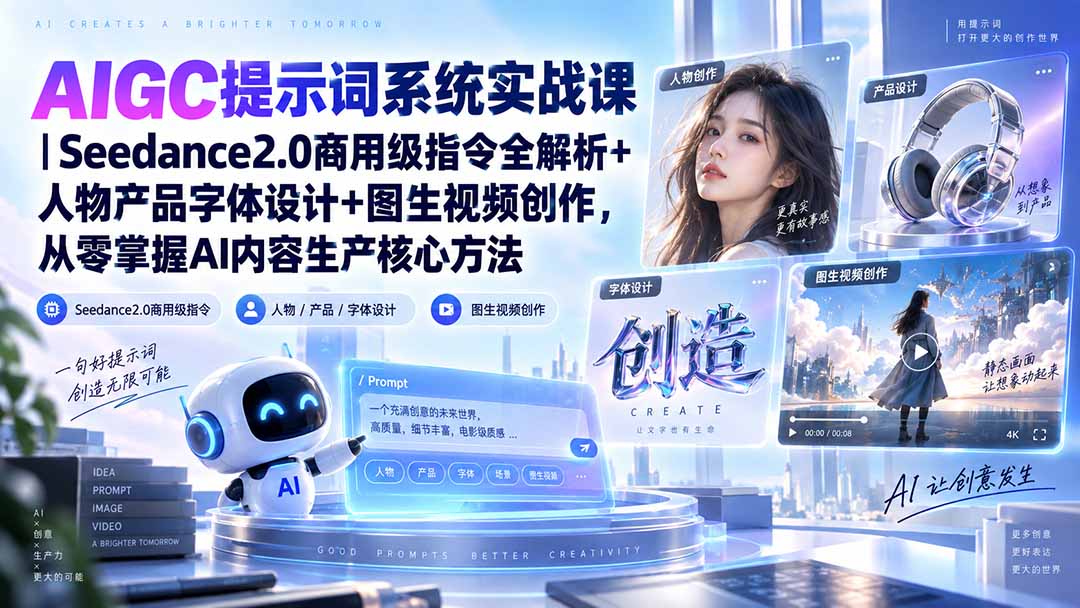 AIGC提示词系统实战课-无水印｜Seedance2.0商用级指令全解析+人物产品字体设计+图生视频创作，掌握AI内容生产方法|一人科技OPC聚合软件