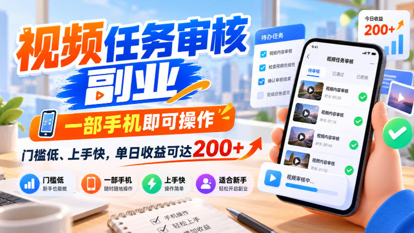 视频任务审核副业，一部手机即可操作，门槛低、上手快，单日收益可达200+【揭秘】|一人科技OPC聚合软件