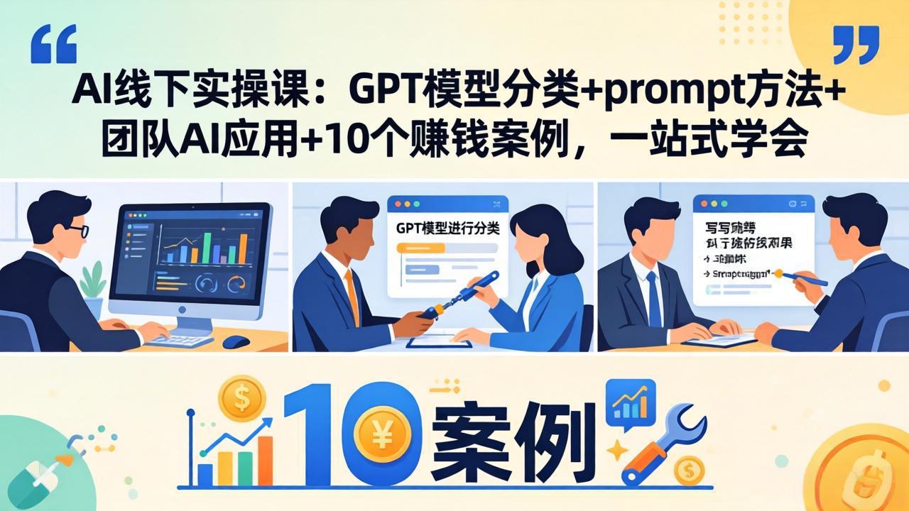 AI线下实操课：GPT模型分类+prompt方法+团队AI应用+10个赚钱案例，一站式学会|协议软件打粉软件