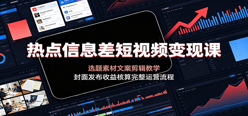 热点信息差短视频变现课：选题素材文案剪辑教学，封面发布收益核算完整运营流程|一人科技OPC聚合软件