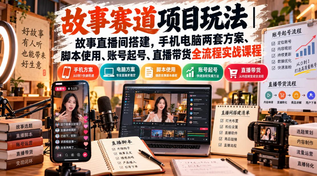 故事赛道项目玩法｜故事直播间搭建，手机电脑两套方案、脚本使用、账号起号、直播带货全流程实战课程|一人科技OPC聚合软件