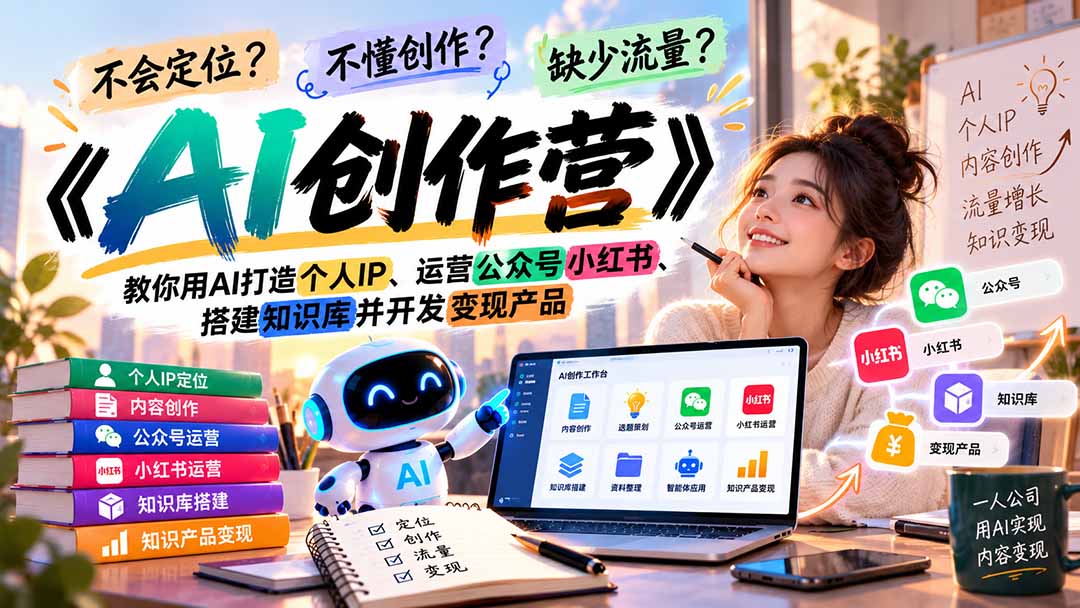 不会定位、不懂创作、缺少流量？《AI创作营》教你用AI打造个人IP、运营公众号小红书、搭建知识库并开发变现产品|一人科技OPC聚合软件