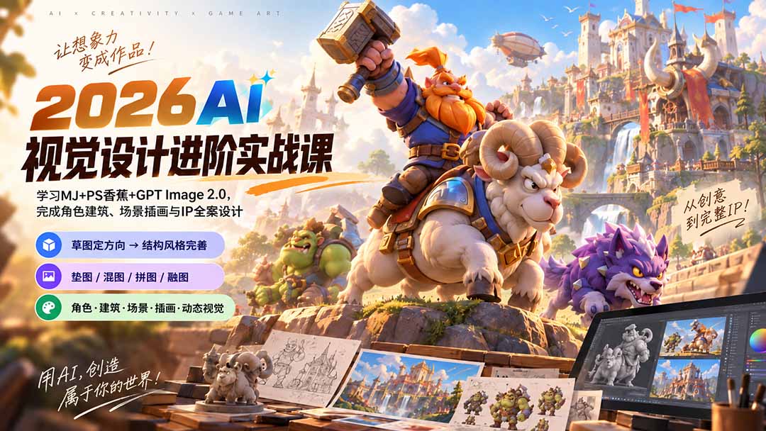 2026AI视觉设计进阶实战课-更新：学习MJ+PS香蕉+GPT Image 2.0，完成角色建筑、场景插画与IP全案设计|一人科技OPC聚合软件