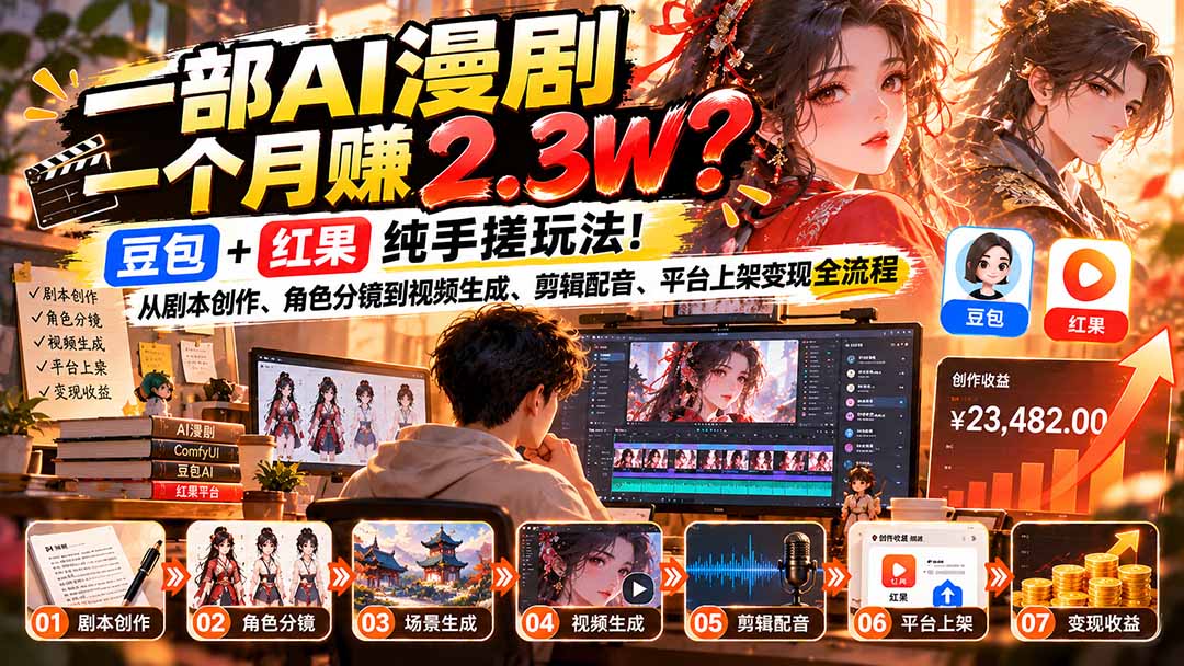 一部AI漫剧一个月赚2.3W？豆包+红果纯手搓玩法！从剧本创作、角色分镜到视频生成、剪辑配音、平台上架变现全流程|一人科技OPC聚合软件