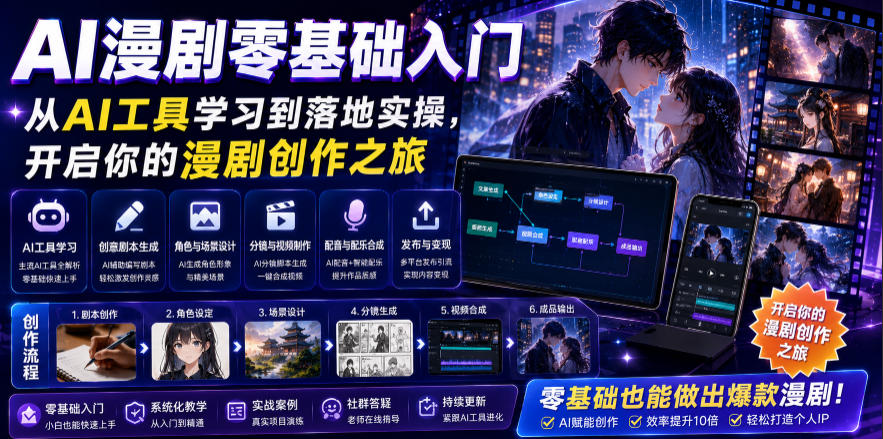 AI漫剧零基础入门，从AI工具学习到落地实操，开启你的漫剧创作之旅|一人科技公司导航