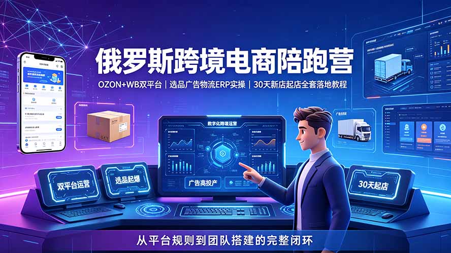 2026俄罗斯跨境电商陪跑营：OZON+WB双平台｜选品广告物流ERP实操｜30天新店起店全套落地教程|一人科技OPC聚合软件