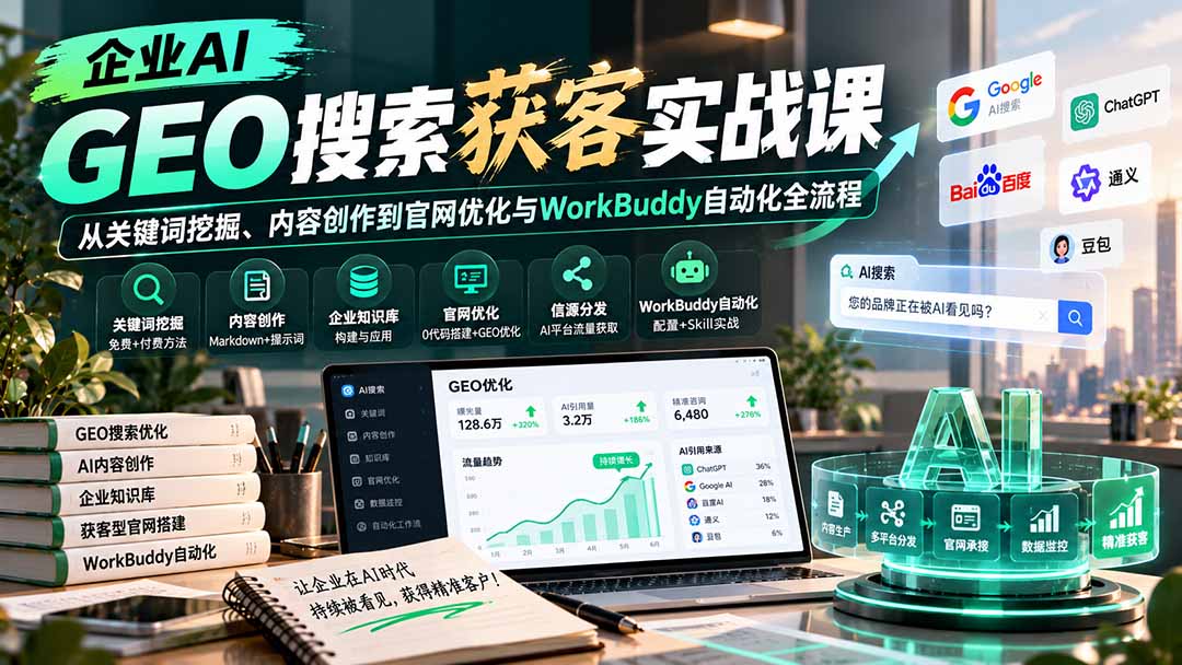 企业AI GEO搜索获客实战课：从关键词挖掘、内容创作到官网优化与WorkBuddy自动化全流程|一人科技OPC聚合软件