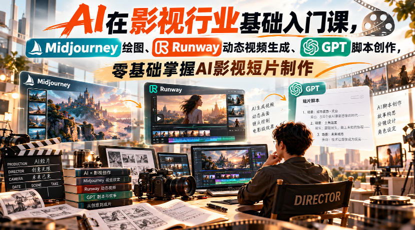 【无水印】AI在影视行业基础入门课，Midjourney绘图、Runway动态视频生成、GPT脚本创作，零基础掌握AI影视短片制作|一人科技OPC聚合软件