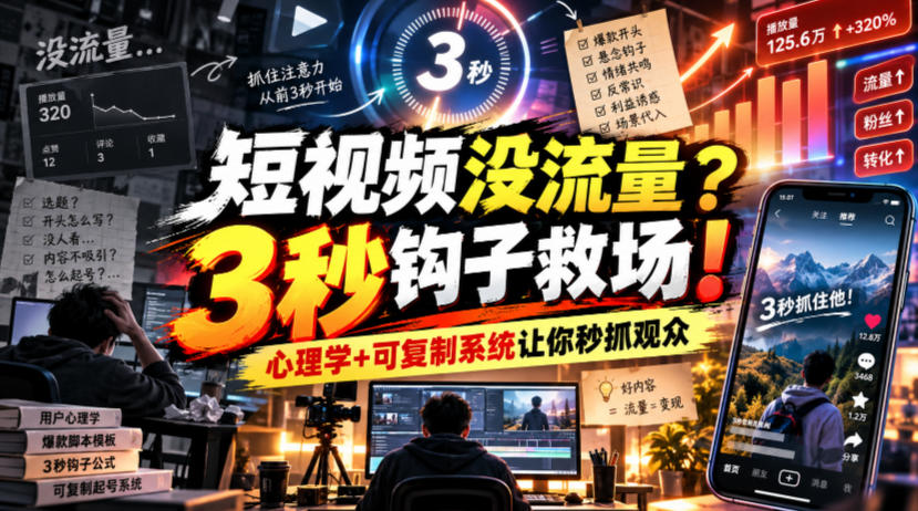 【无水印】短视频没流量？3秒钩子救场！心理学+可复制系统让你秒抓观众【原创双语字幕】|一人科技OPC聚合软件