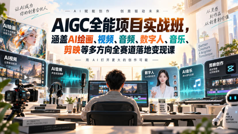 AIGC全能项目实战班，涵盖AI绘画、视频、音频、数字人、音乐、剪映等多方向全赛道落地变现课|一人科技OPC聚合软件