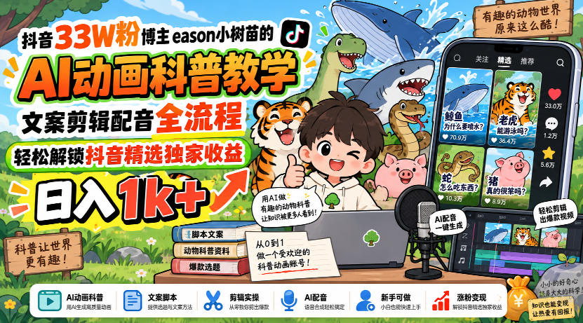 抖音33W粉博主eason小树苗的AI动画科普教学，文案剪辑配音全流程，轻松解锁抖音精选独家收益，日入1k+|一人科技OPC聚合软件