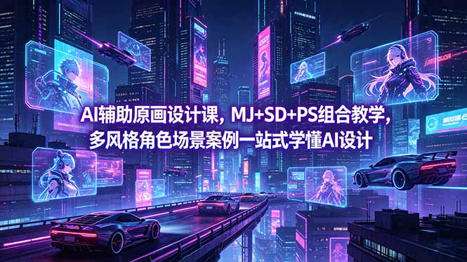 AI辅助原画设计课，MJ+SD+PS组合教学，多风格角色场景案例一站式学懂AI设计|一人科技公司导航
