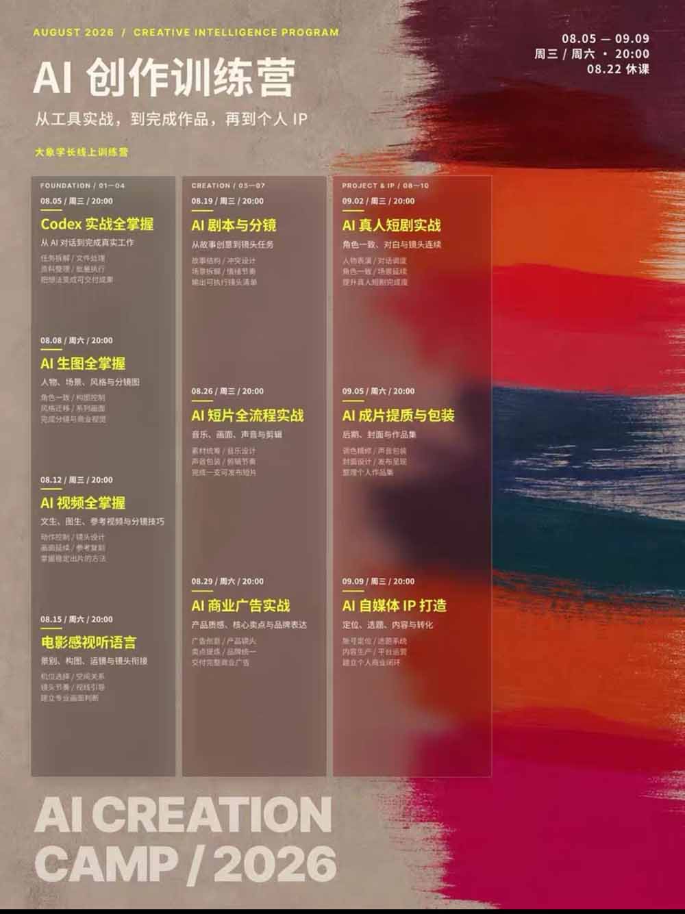 AI+创作训练营26年第5期-更新：从Codex、AI生图视频到剧本分镜与电影感短片，跑通个人IP商业闭环|一人科技OPC聚合软件