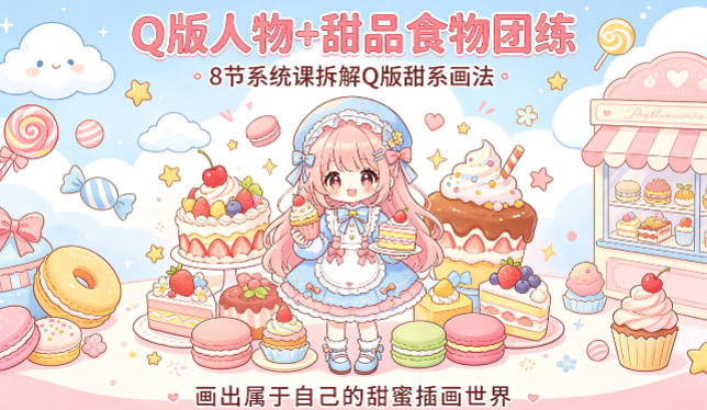 Q版人物+甜品食物团练，8节系统课拆解Q版甜系画法，画出属于自己的甜蜜插画世界|协议软件打粉软件