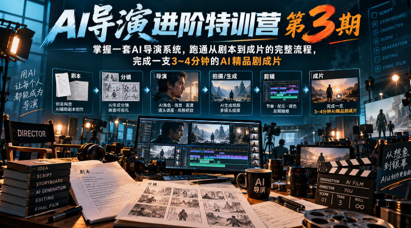 AI导演进阶特训营第3期，掌握一套AI导演系统，跑通从剧本到成片的完整流程，完成一支3~4分钟的AI精品剧成片(附1、2期)|一人科技OPC聚合软件