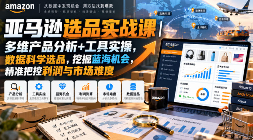亚马逊选品实战课｜多维产品分析+工具实操，数据科学选品，挖掘蓝海机会，精准把控利润与市场难度|一人科技OPC聚合软件