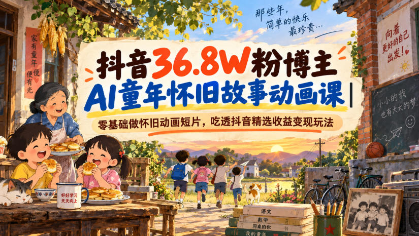 抖音36.8W粉博主AI童年怀旧故事动画课｜零基础做怀旧动画短片，吃透抖音精选收益变现玩法|一人科技OPC聚合软件