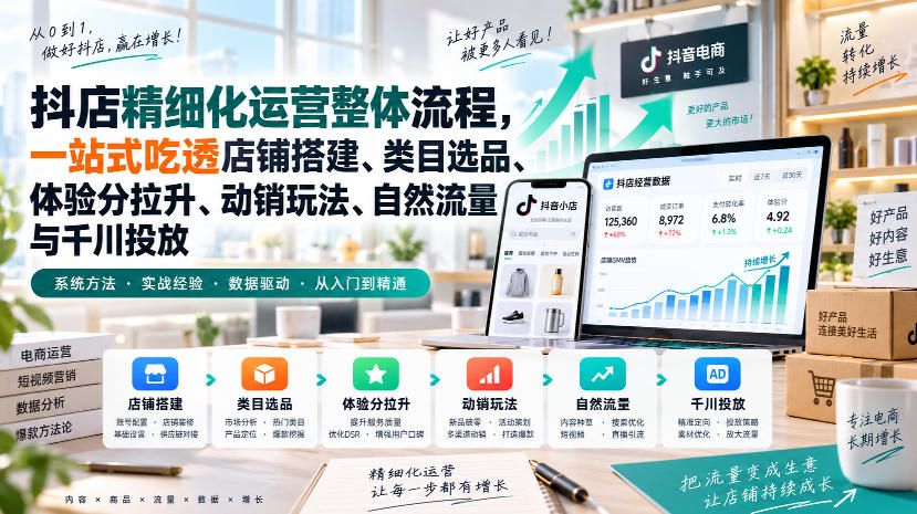 李哥电商-抖店精细化运营整体流程，一站式吃透店铺搭建、类目选品、体验分拉升、动销玩法、自然流量与千川投放|一人科技OPC聚合软件