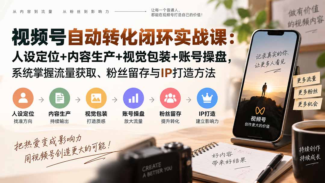 视频号自动转化闭环实战课：人设定位+内容生产+视觉包装+账号操盘，系统掌握流量获取、粉丝留存与IP打造方法|一人科技OPC聚合软件