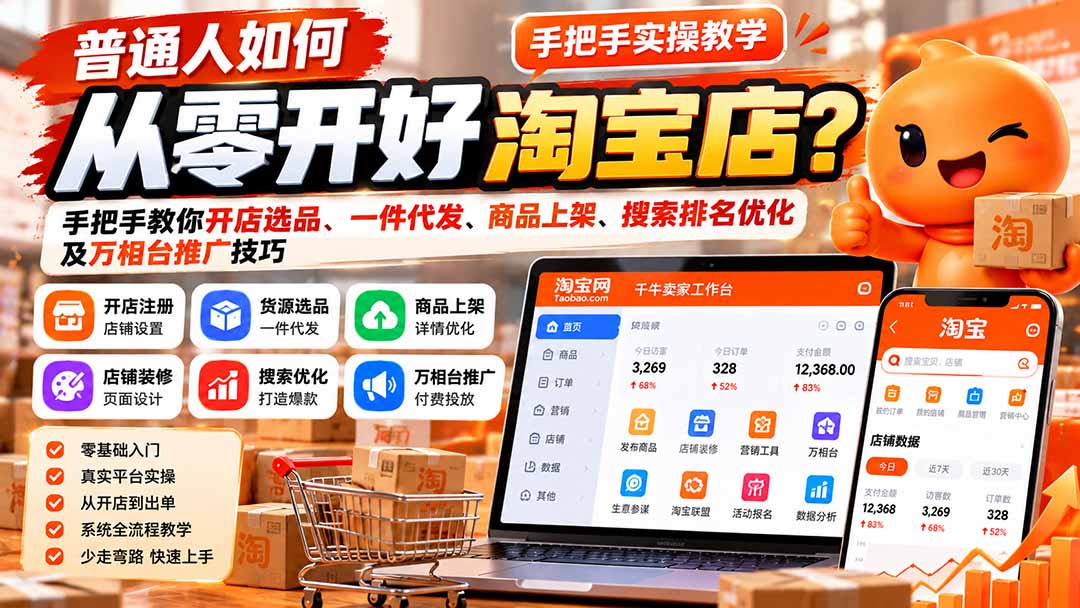 普通人如何从零开好淘宝店？手把手教你开店选品、一件代发、商品上架、搜索排名优化及万相台推广技巧|一人科技OPC聚合软件
