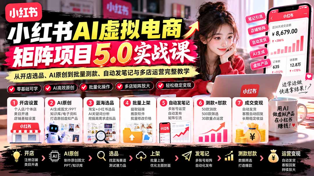 小红书AI虚拟电商矩阵5.0实战课：从开店选品、AI原创到批量测款、自动发笔记与多店运营完整教学|一人科技OPC聚合软件
