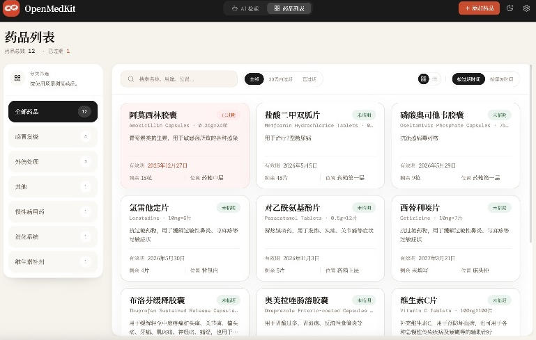 AI驱动的家庭药箱管理工具，一句话就能完成药品录入和查找，已制作Win系统包，Open MedKit|一人科技OPC聚合软件