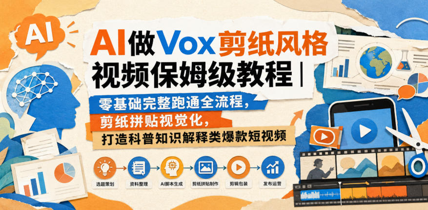 AI做Vox剪纸风格视频保姆级教程｜零基础完整跑通全流程，剪纸拼贴视觉化，打造科普知识解释类爆款短视频|一人科技OPC聚合软件