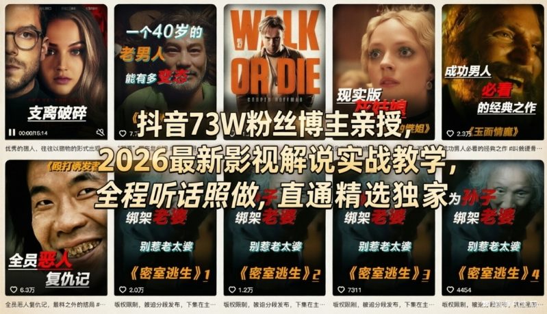 抖音73W粉丝博主亲授，2026最新影视解说实战教学，全程听话照做，直通精选独家|协议软件打粉软件