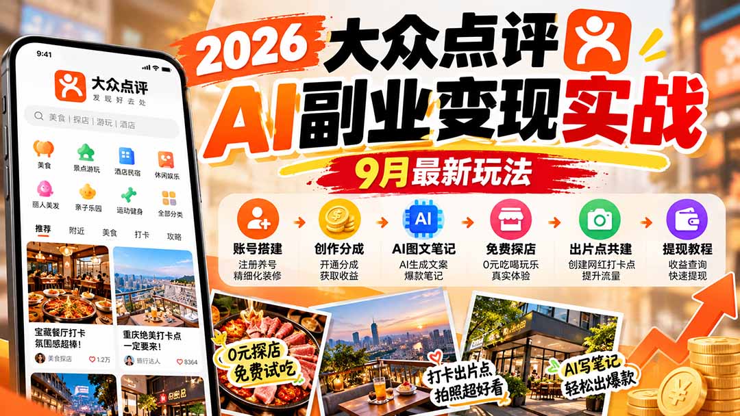 2026大众点评AI副业变现实战9月最新玩法：账号搭建+创作分成+AI图文笔记+免费探店+出片点共建与提现教程|一人科技OPC聚合软件