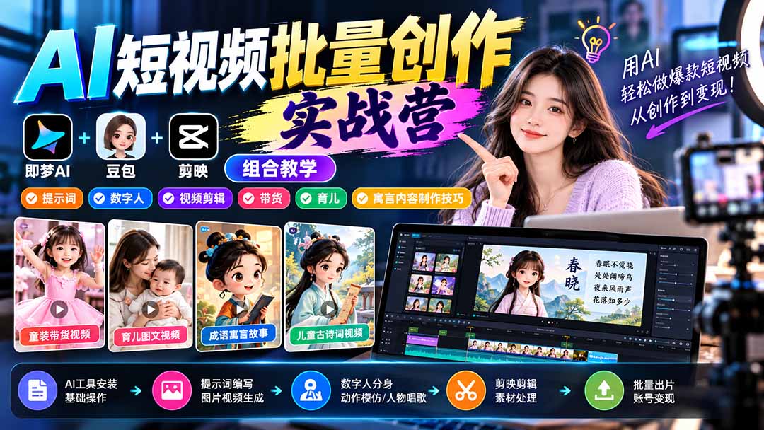 【无水印】AI短视频批量创作实战营：即梦+豆包+剪映组合教学，提示词/数字人/视频剪辑/带货/育儿/寓言内容制作技巧|一人科技OPC聚合软件