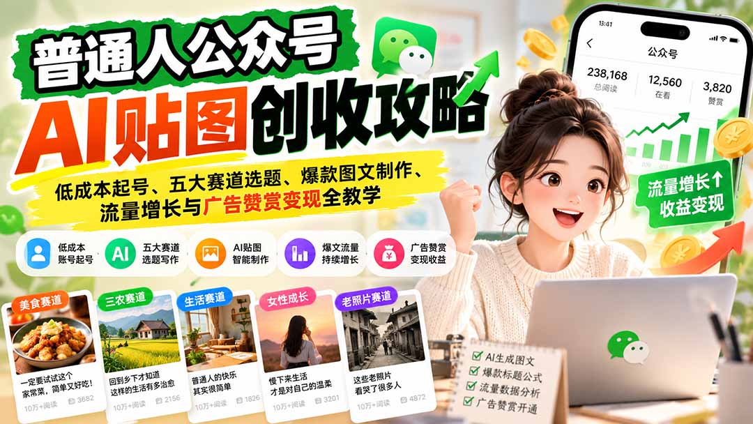 普通人公众号AI贴图创收攻略：低成本起号、五大赛道选题、爆款图文制作、流量增长与广告赞赏变现全教学|一人科技OPC聚合软件