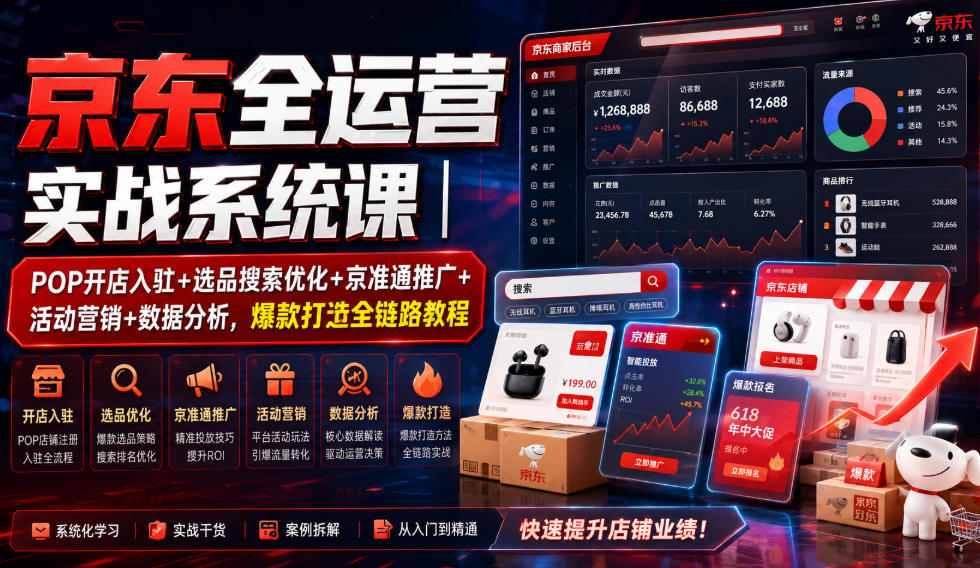 京东全运营实战系统课｜POP开店入驻+选品搜索优化+京准通推广+活动营销+数据分析，爆款打造全链路教程|一人科技OPC聚合软件