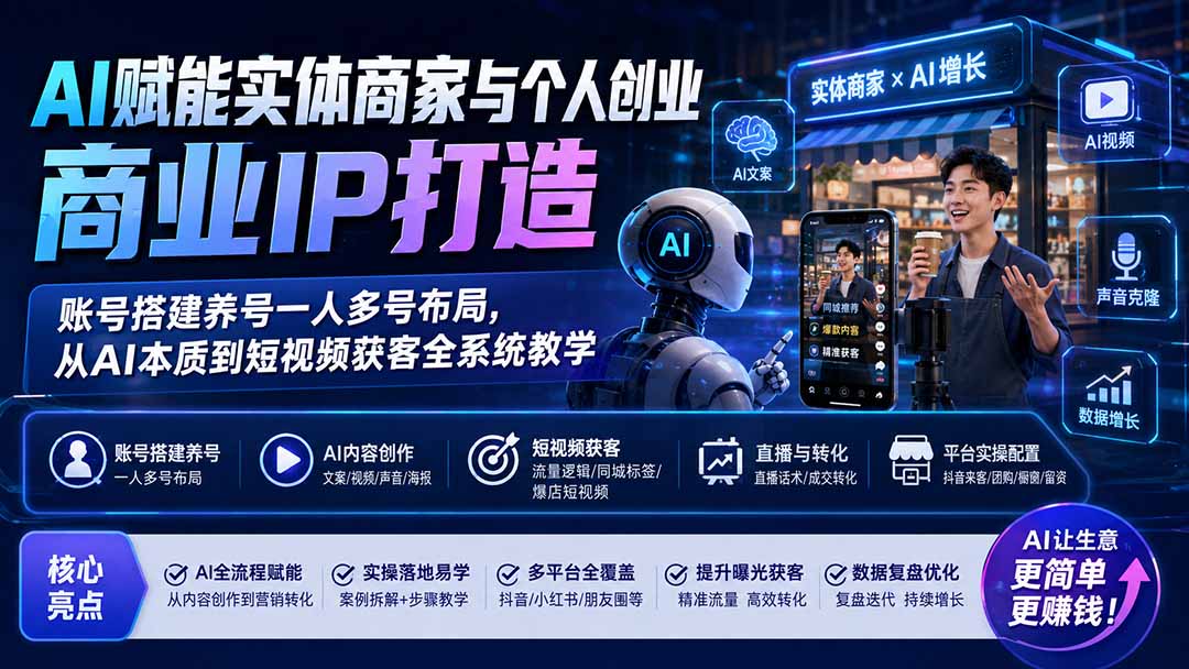 AI赋能实体商家与个人创业商业IP打造；账号搭建养号一人多号布局，从AI本质到短视频获客全系统教学|一人科技OPC聚合软件